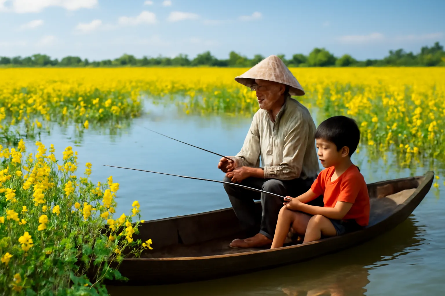 Chiếc xuồng nhỏ giữa đồng nước nổi mênh mông, ông già và cậu bé ngồi câu