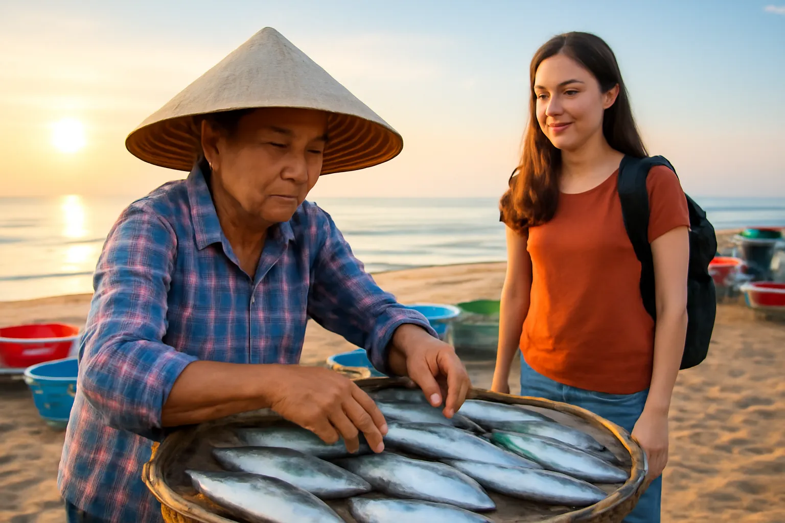 Người phụ nữ bày cá tươi trên mẹt ở chợ bãi biển lúc sáng sớm