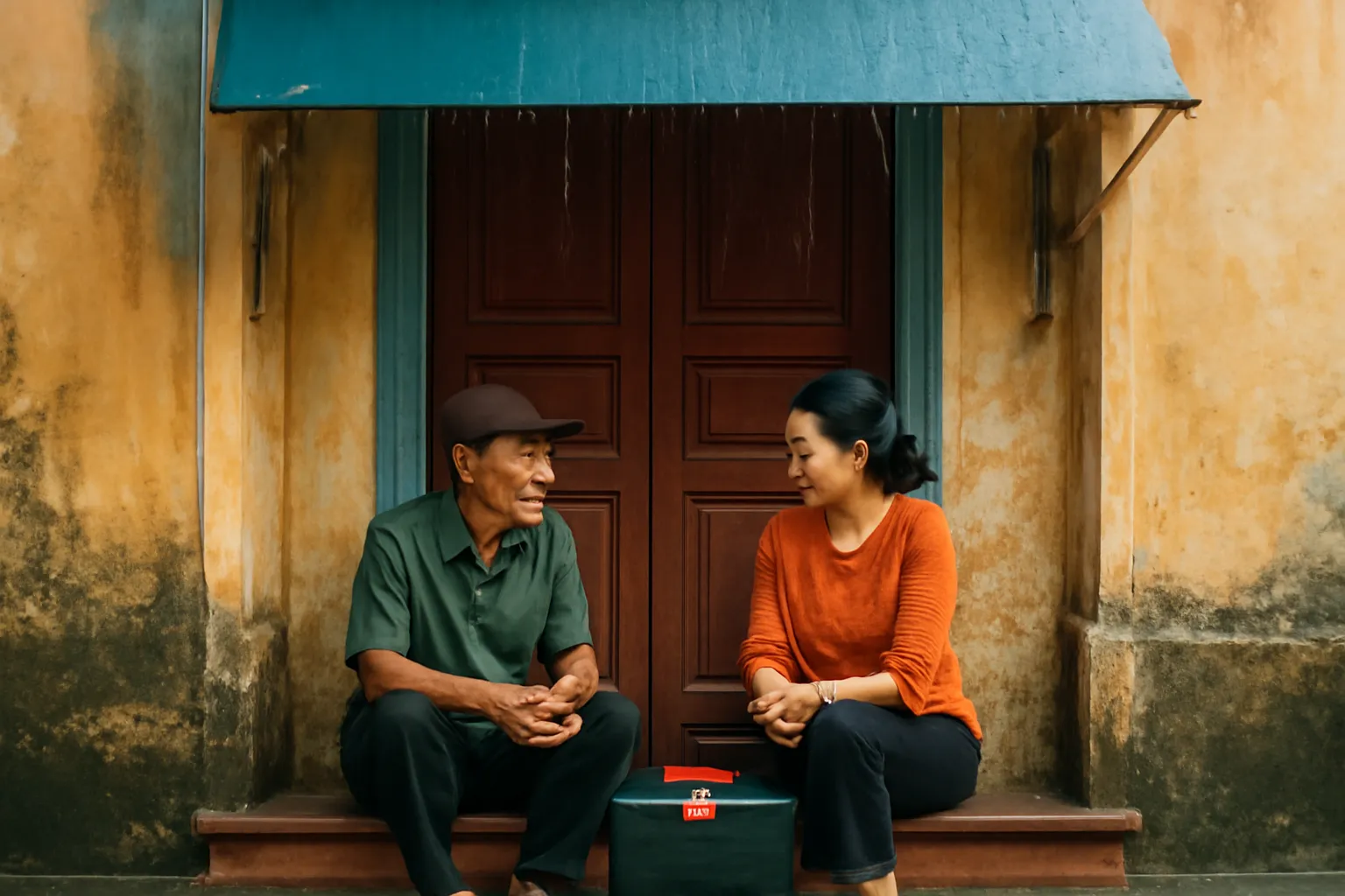 Ông thợ khóa và người phụ nữ ngồi trên bậc thềm dưới mái hiên mưa đêm