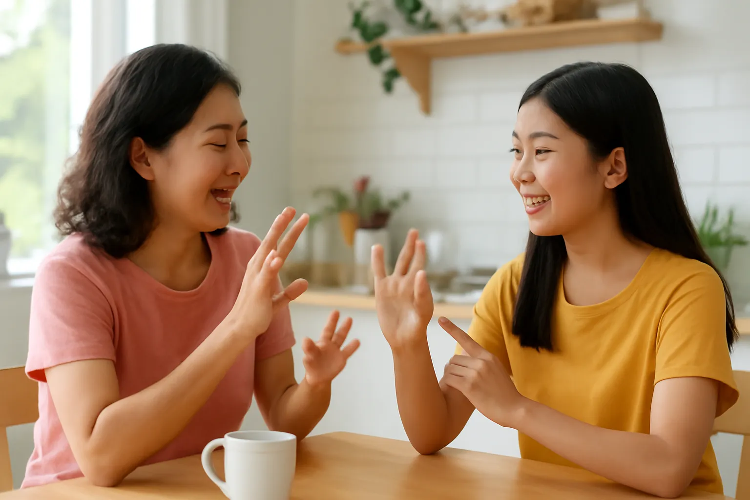 Hai mẹ con trò chuyện bằng ngôn ngữ ký hiệu bên bàn bếp buổi sáng