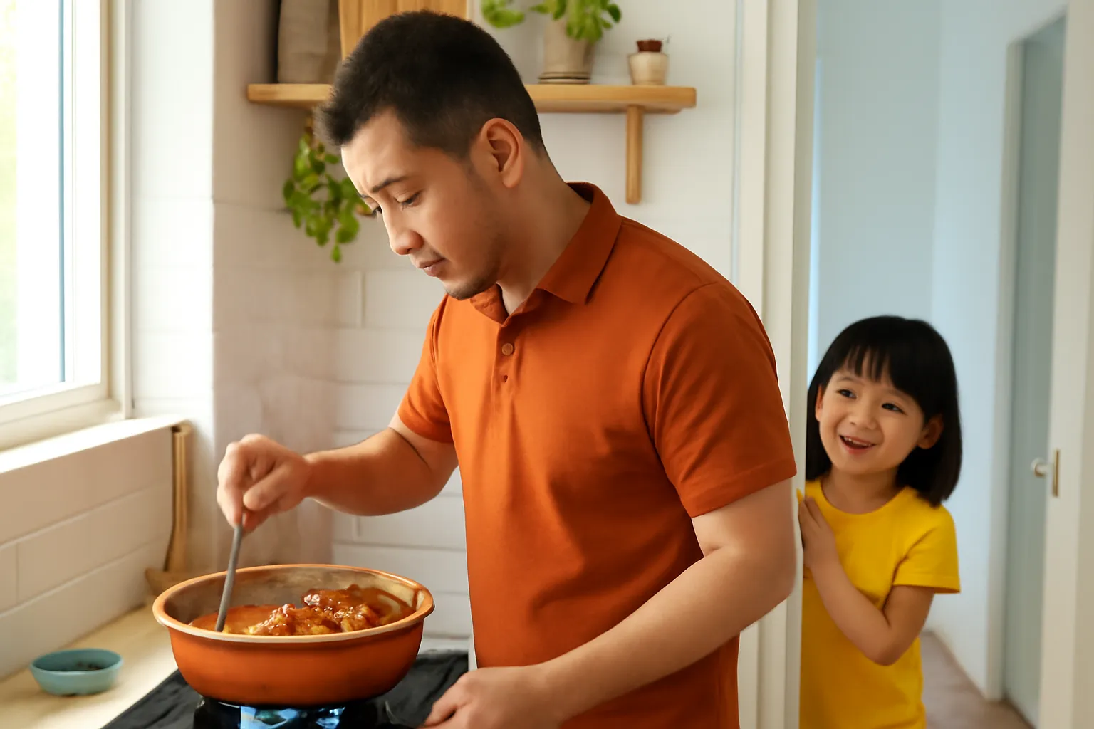 Người đàn ông đứng bên bếp nhìn tộ đất kho cá sánh màu cánh gián