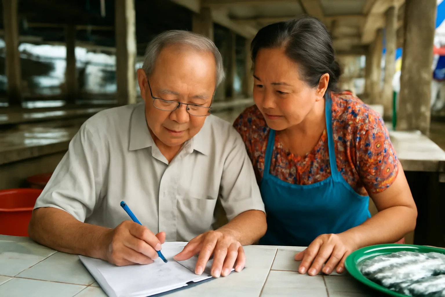 Ông giáo già và bà bán cá chụm đầu bên cuốn vở trên sạp cá tan chợ