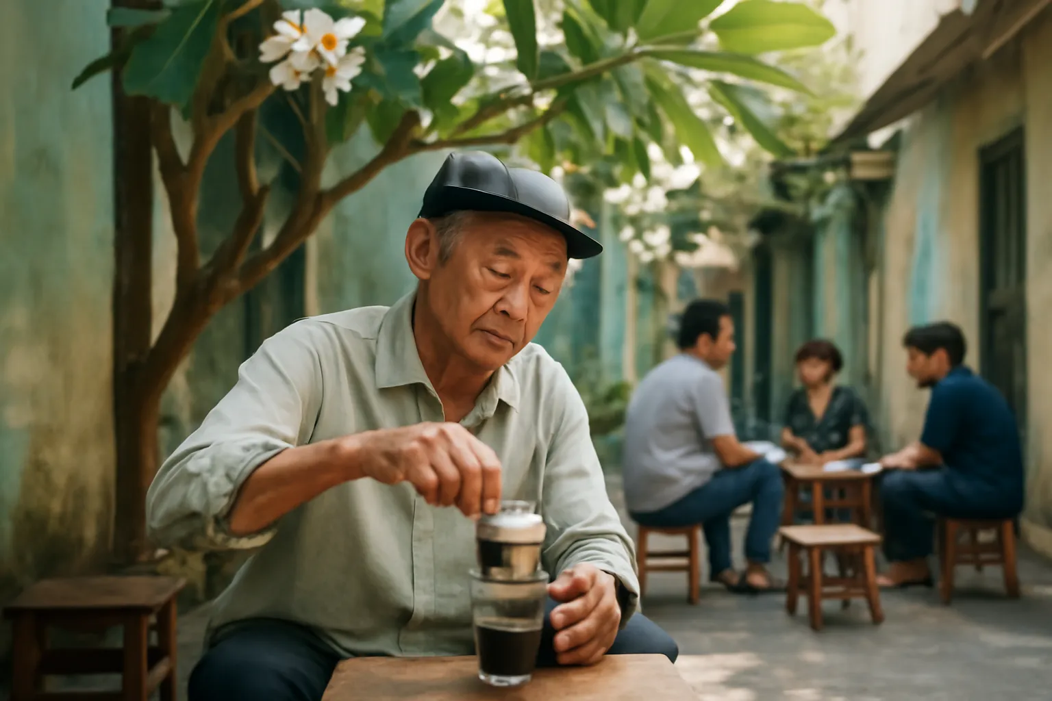 Quán cà phê nhỏ trong hẻm, ông chủ già ngồi pha phin dưới cây hoa sứ