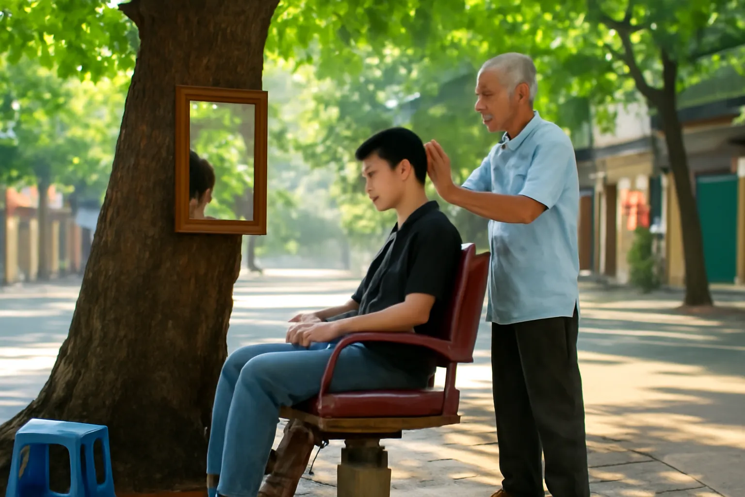 Chiếc ghế cắt tóc vỉa hè dưới gốc sấu, tấm gương treo trên thân cây