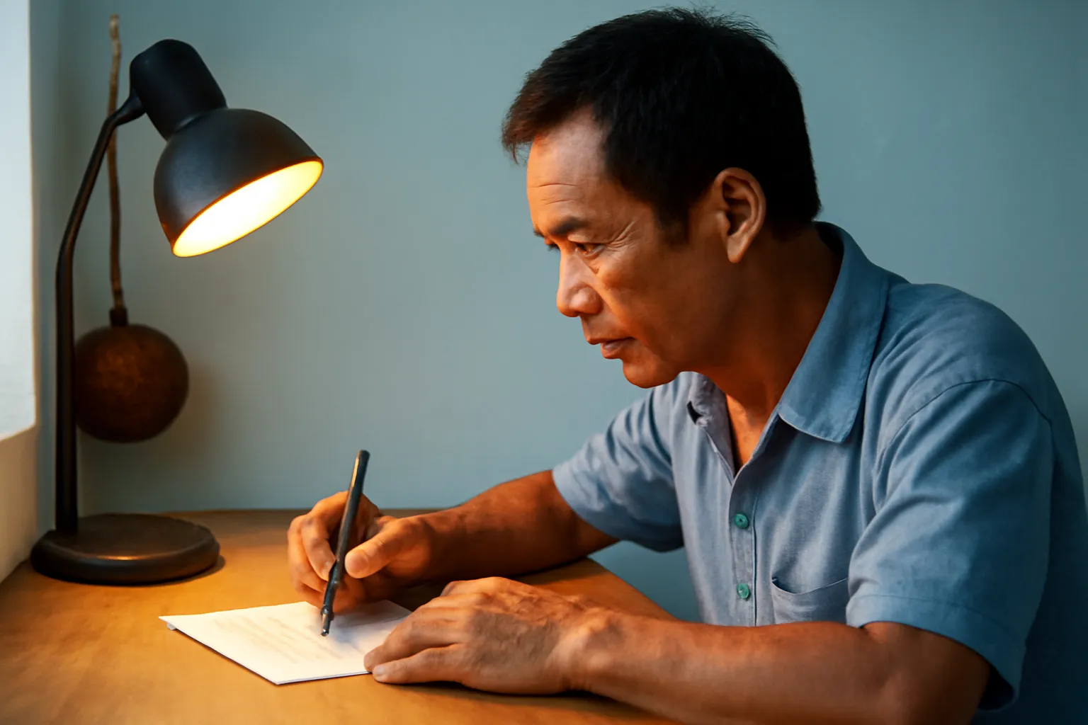 Người bố trung niên ngồi bên bàn gỗ viết thư dưới ánh đèn bàn trong đêm