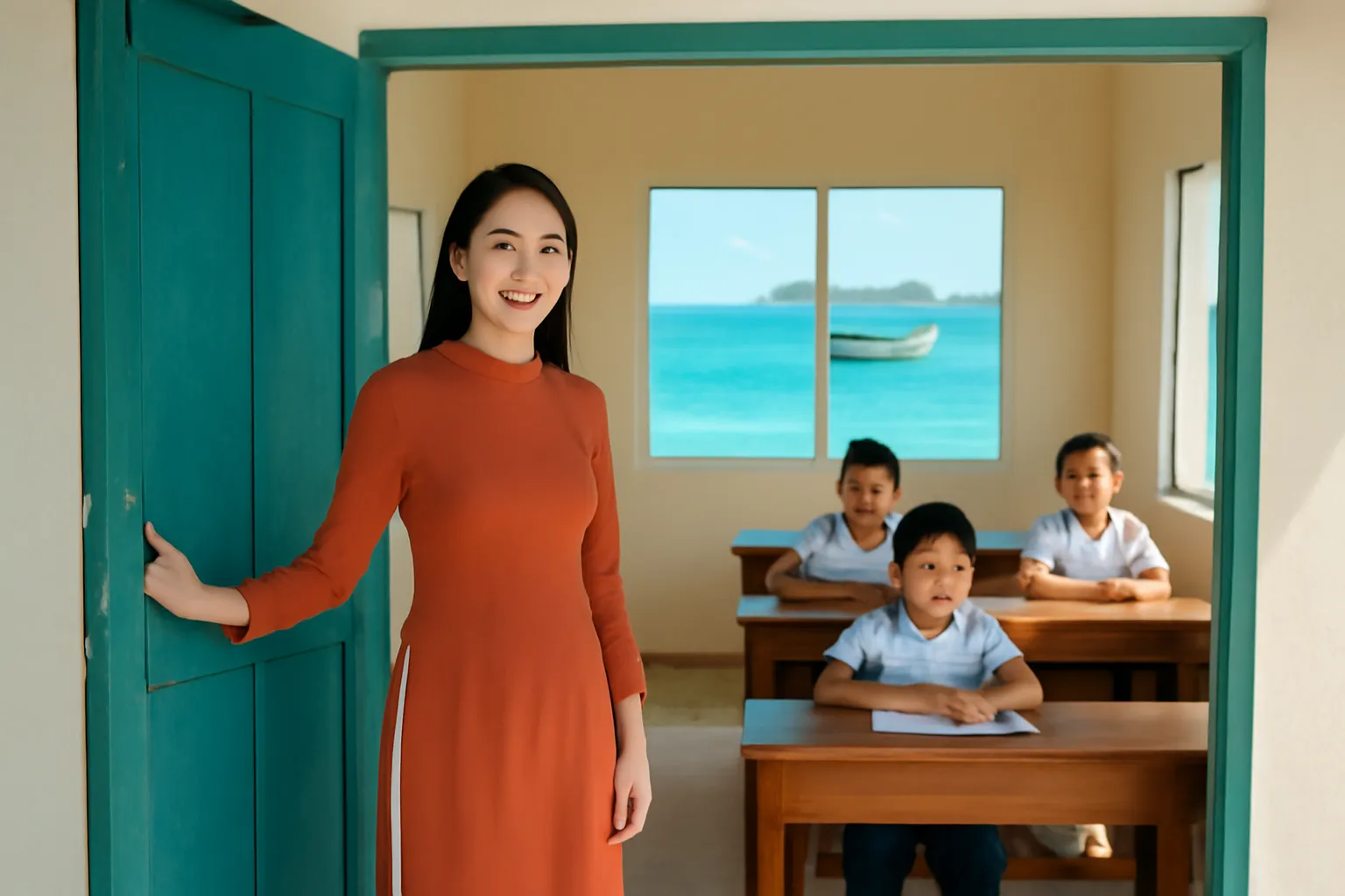 Cô giáo trẻ đứng ở cửa lớp học nhỏ nhìn ra biển xanh, học trò ngồi bàn