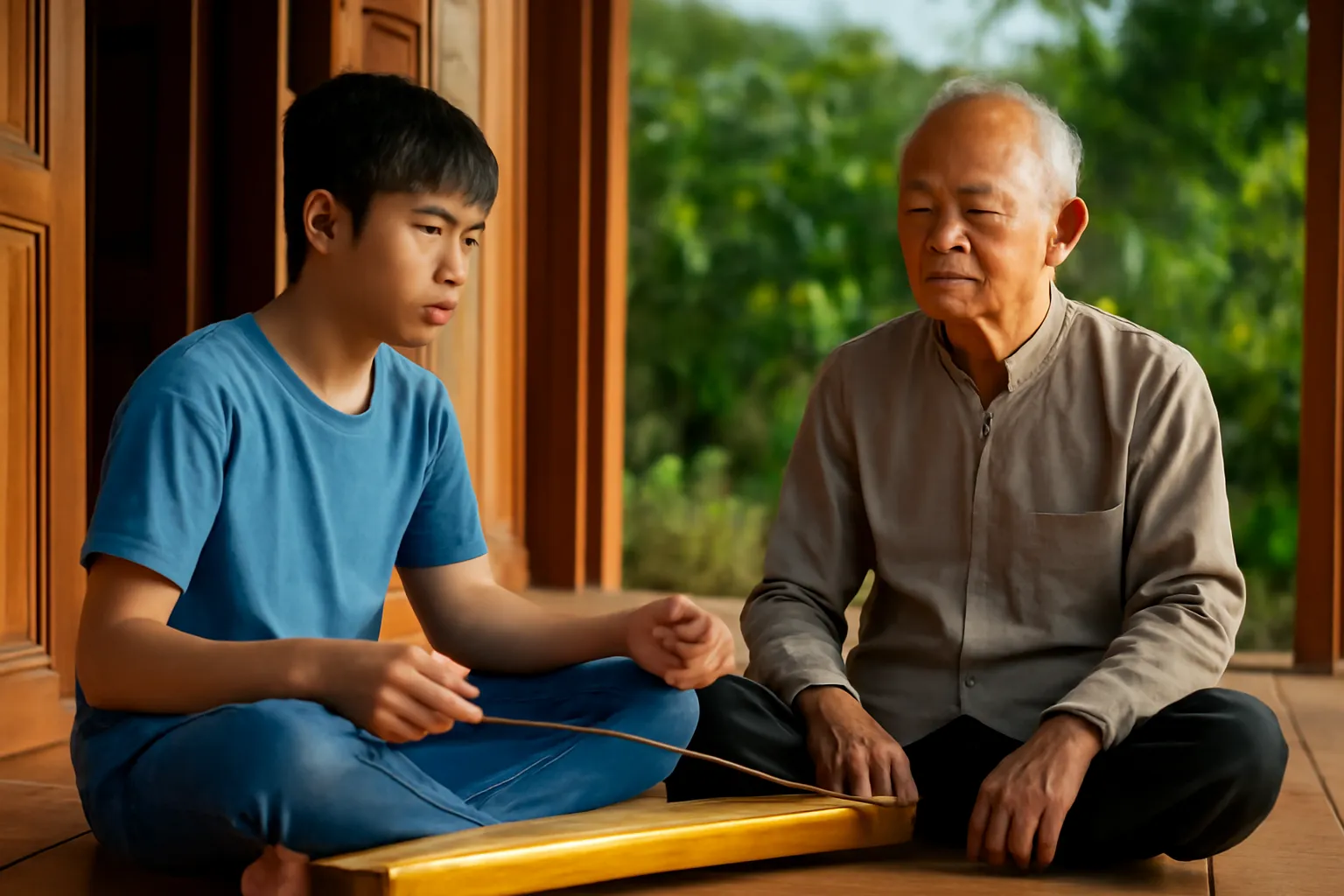 Cậu thiếu niên ngồi hiên nhà gảy đàn bầu, ông nội ngồi cạnh nghe