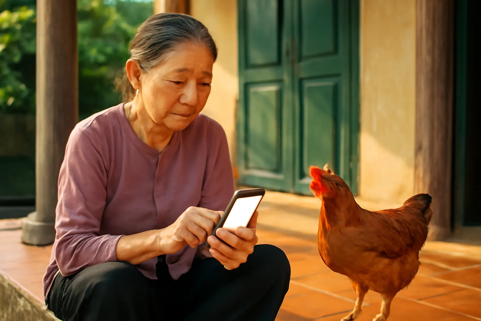 Người mẹ quê ngồi trên hiên nhà cầm chiếc điện thoại có màn hình trống