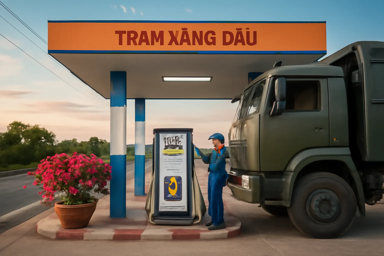 Trạm xăng nhỏ ven quốc lộ lúc chạng vạng, chiếc xe tải dừng đổ dầu