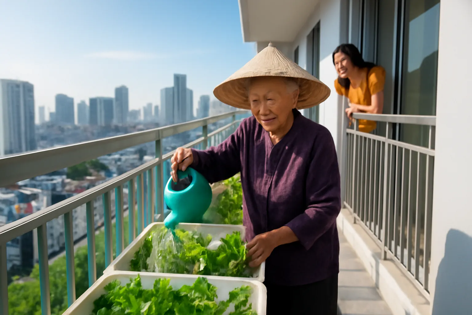 Bà cụ tưới rau xanh trong những thùng xốp trên ban công chung cư cao tầng