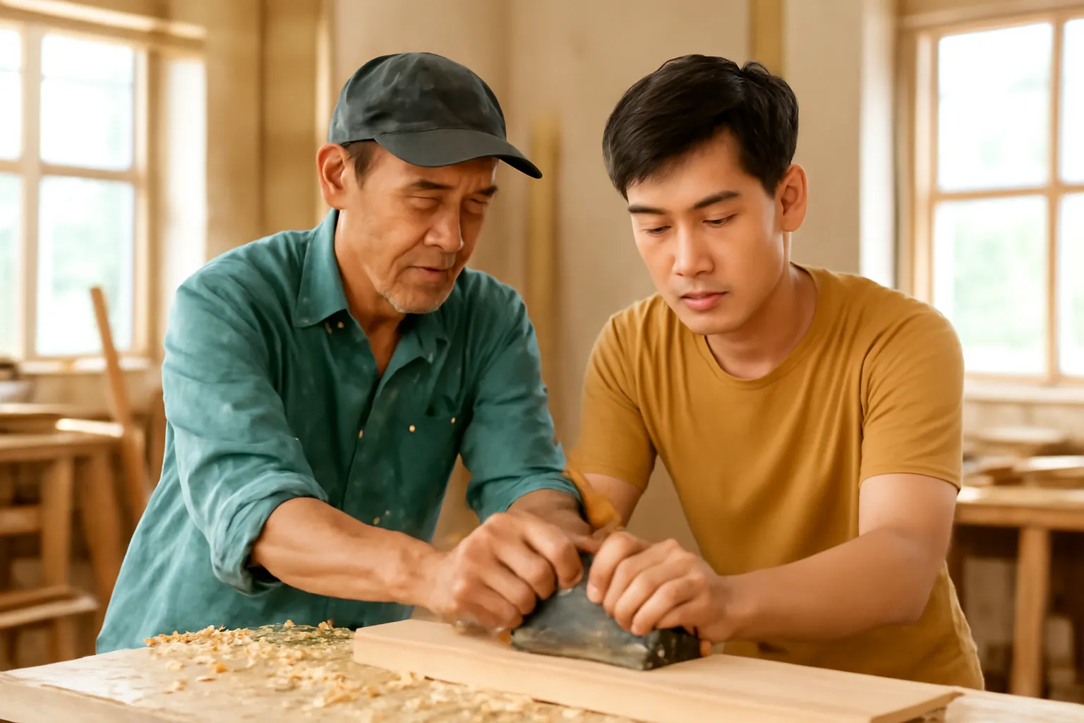 Bác thợ mộc lớn tuổi hướng dẫn chàng trai bào gỗ trong xưởng