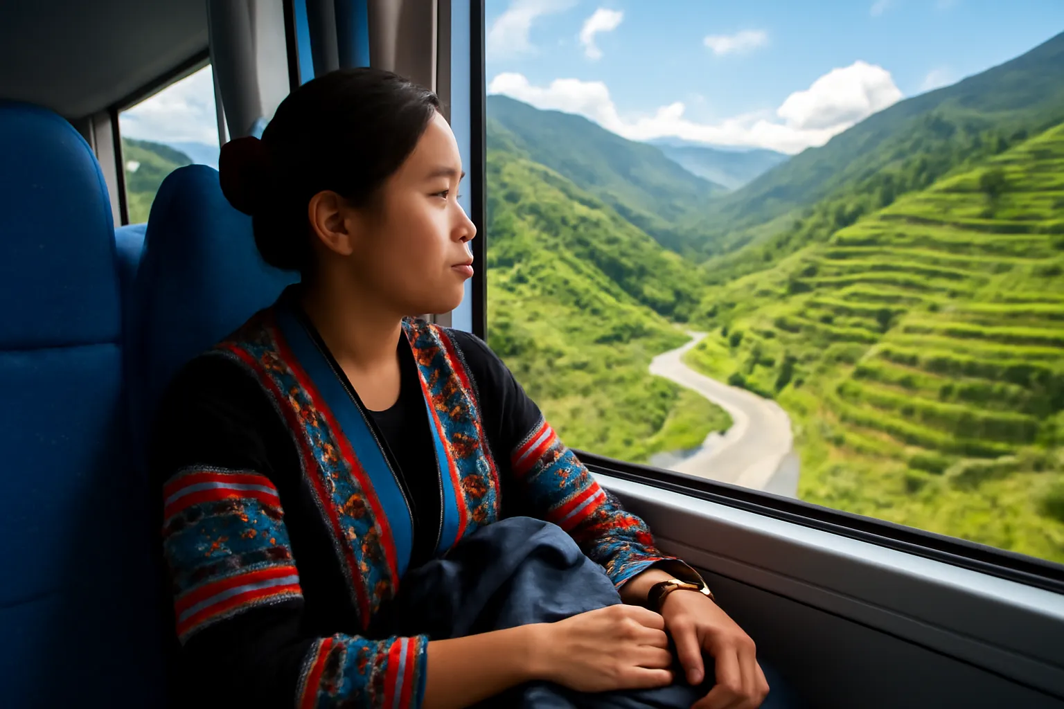 Cô gái mặc áo thêu truyền thống ngồi trên xe khách đường đèo nhìn ra cửa sổ