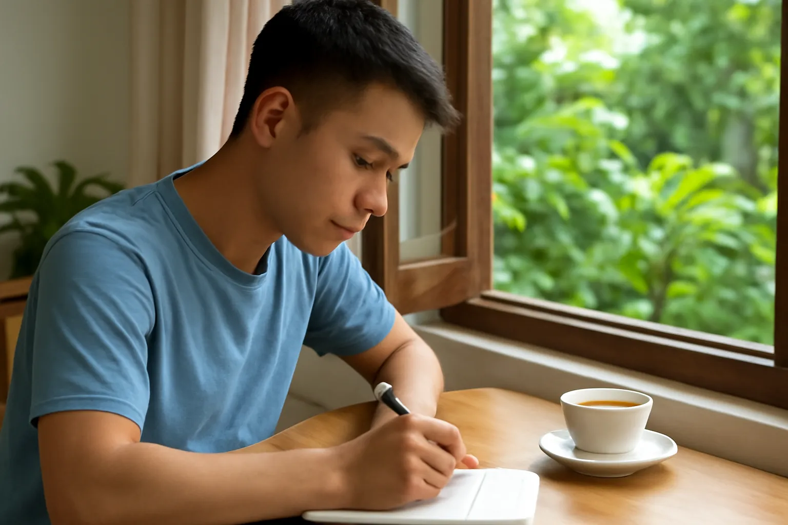 Chàng trai trẻ ngồi viết thư tay bên bàn gỗ cạnh cửa sổ