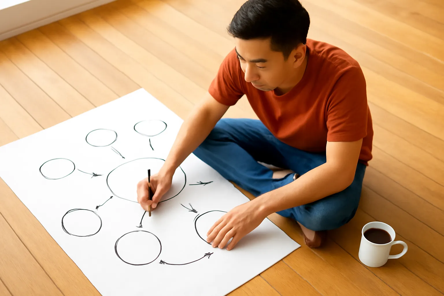 Người đàn ông ngồi trên sàn vẽ sơ đồ trên tờ giấy lớn
