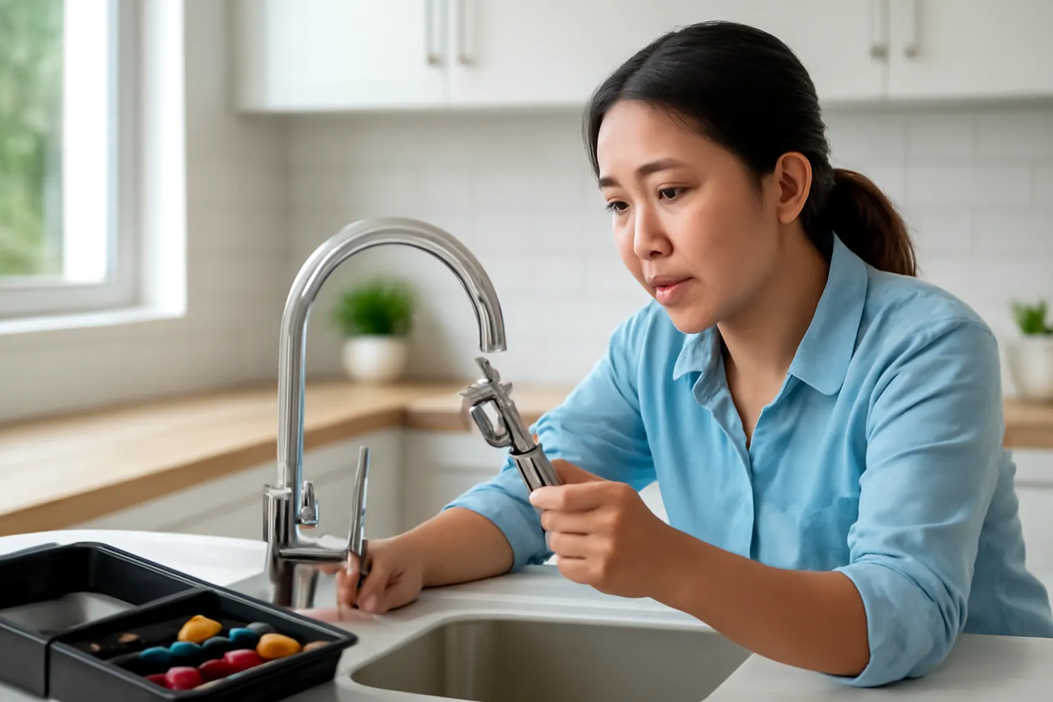 Người phụ nữ dùng cờ lê sửa vòi nước trong bếp