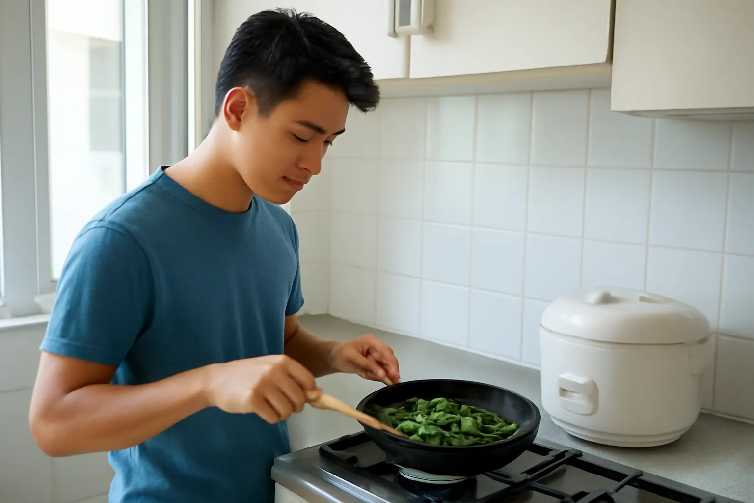 Chàng trai trẻ đang đảo chảo rau trong bếp phòng trọ nhỏ