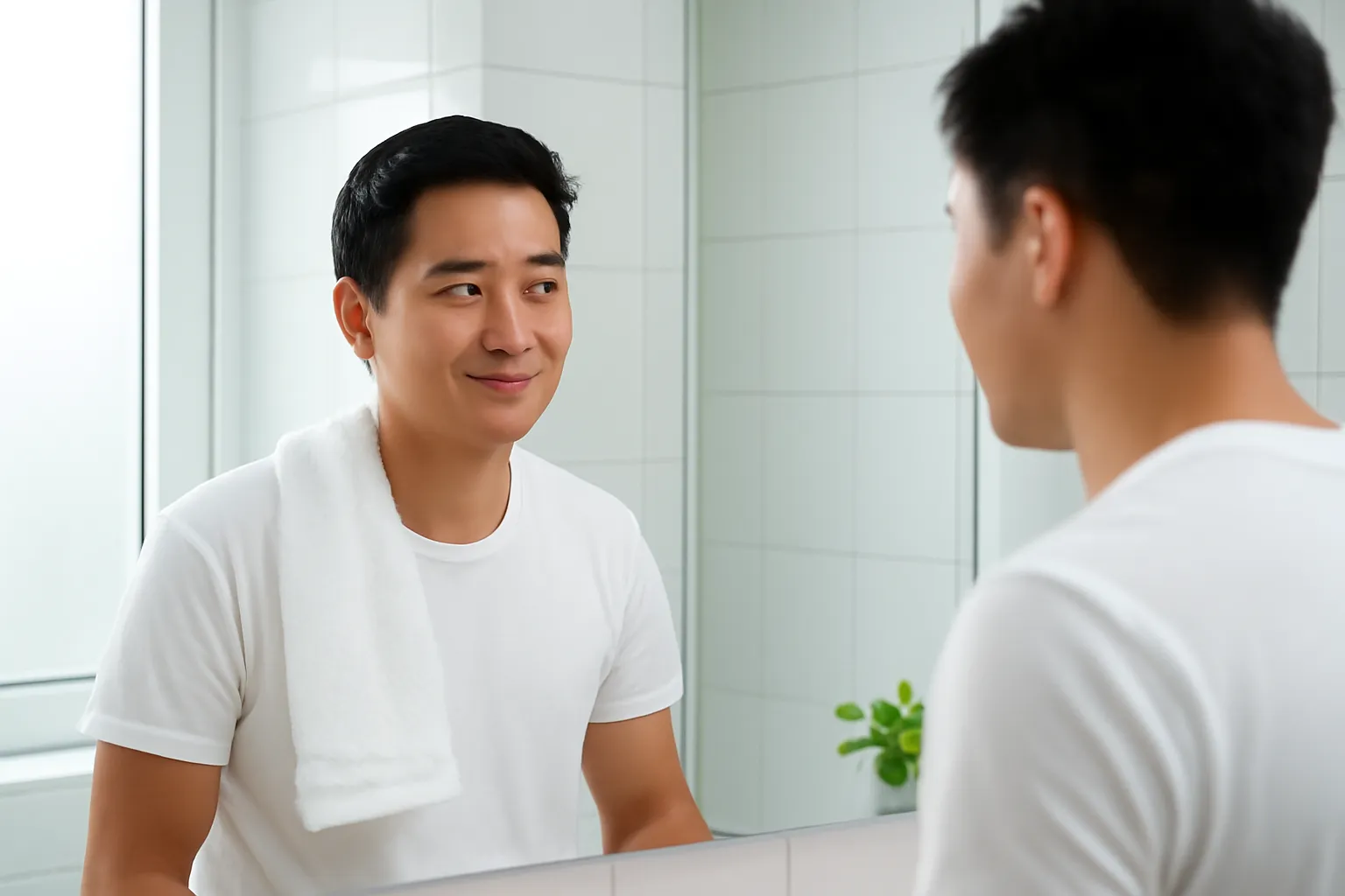 Người đàn ông trẻ đứng trước gương phòng tắm sáng sớm, mỉm cười nhẹ với chính mình