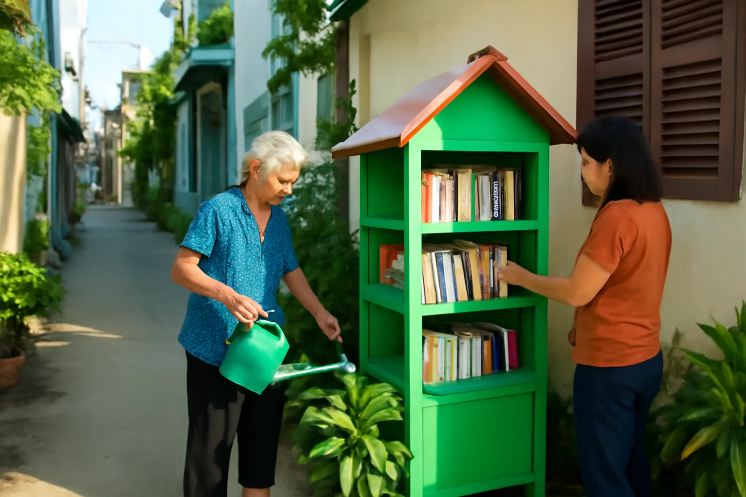 Kệ sách gỗ đặt trước cửa nhà trong ngõ, một người hàng xóm đang lấy sách