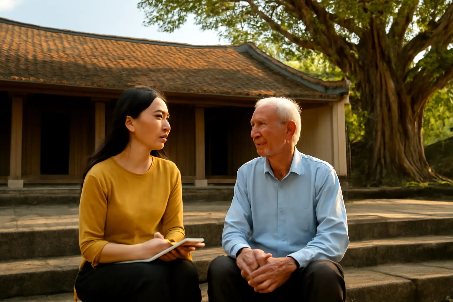 Cô gái trẻ trò chuyện với cụ ông trước sân đình làng