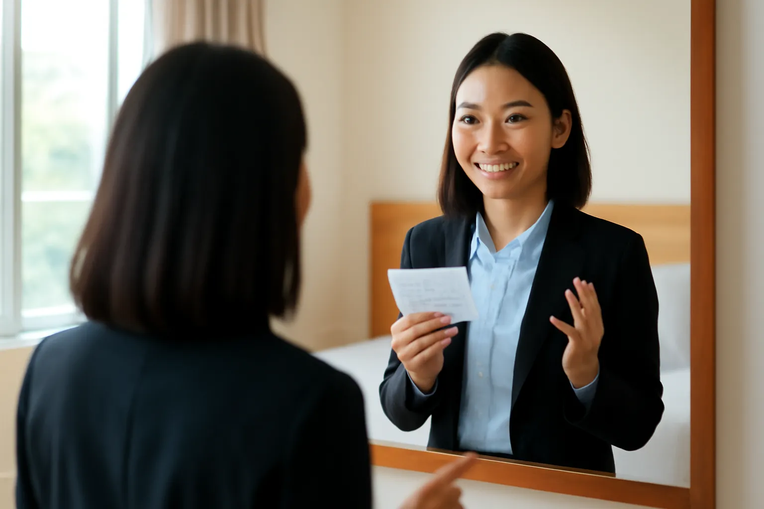 Cô gái trẻ đứng tập nói trước gương ở nhà vào buổi sáng