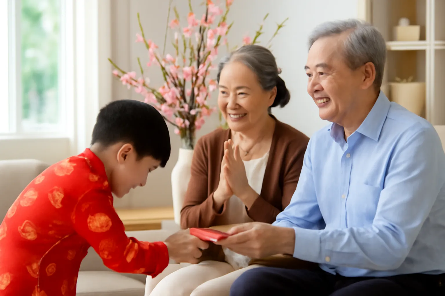 Bé mặc áo dài đỏ khoanh tay chúc Tết, nhận phong bao đỏ từ ông bà bên cành đào