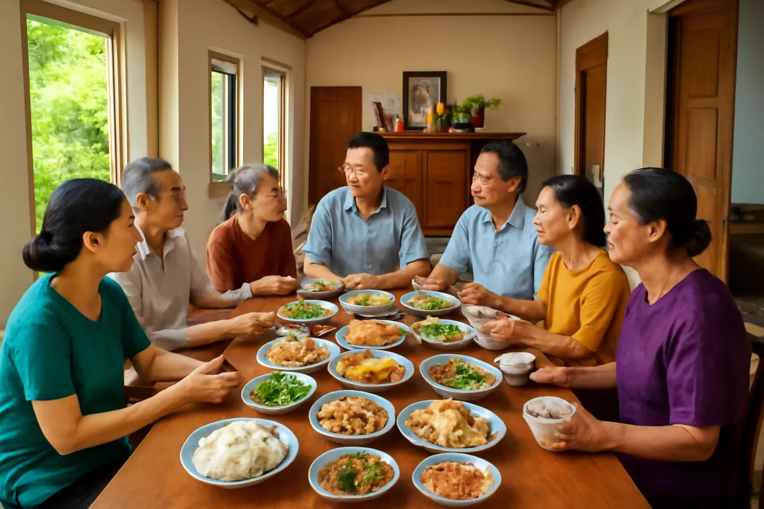 Đại gia đình quây quần bày mâm cơm ngày giỗ trên bàn dài trong nhà ở quê