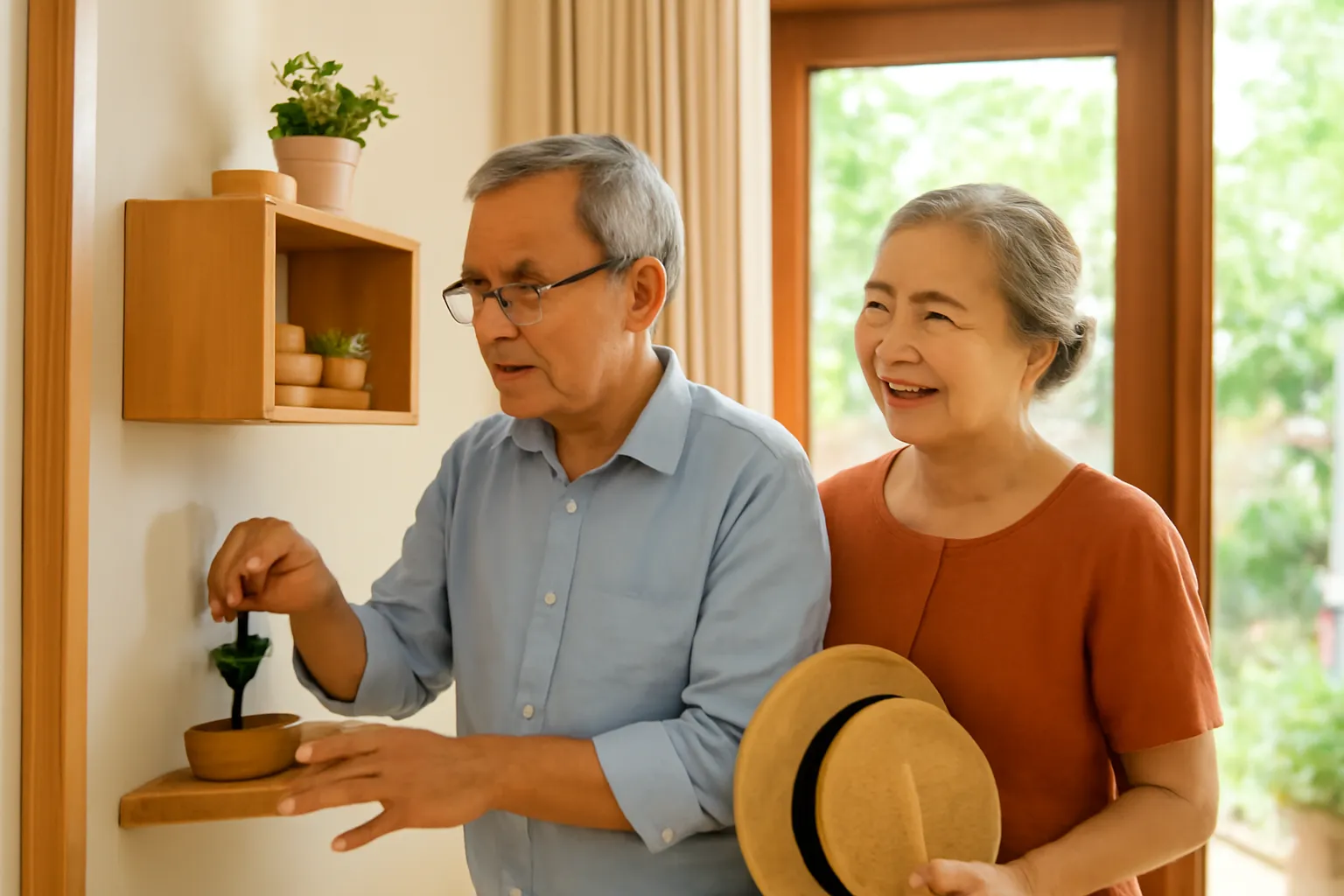Ông cụ tìm chìa khoá ở giá cạnh cửa, bà cụ đứng cạnh mỉm cười