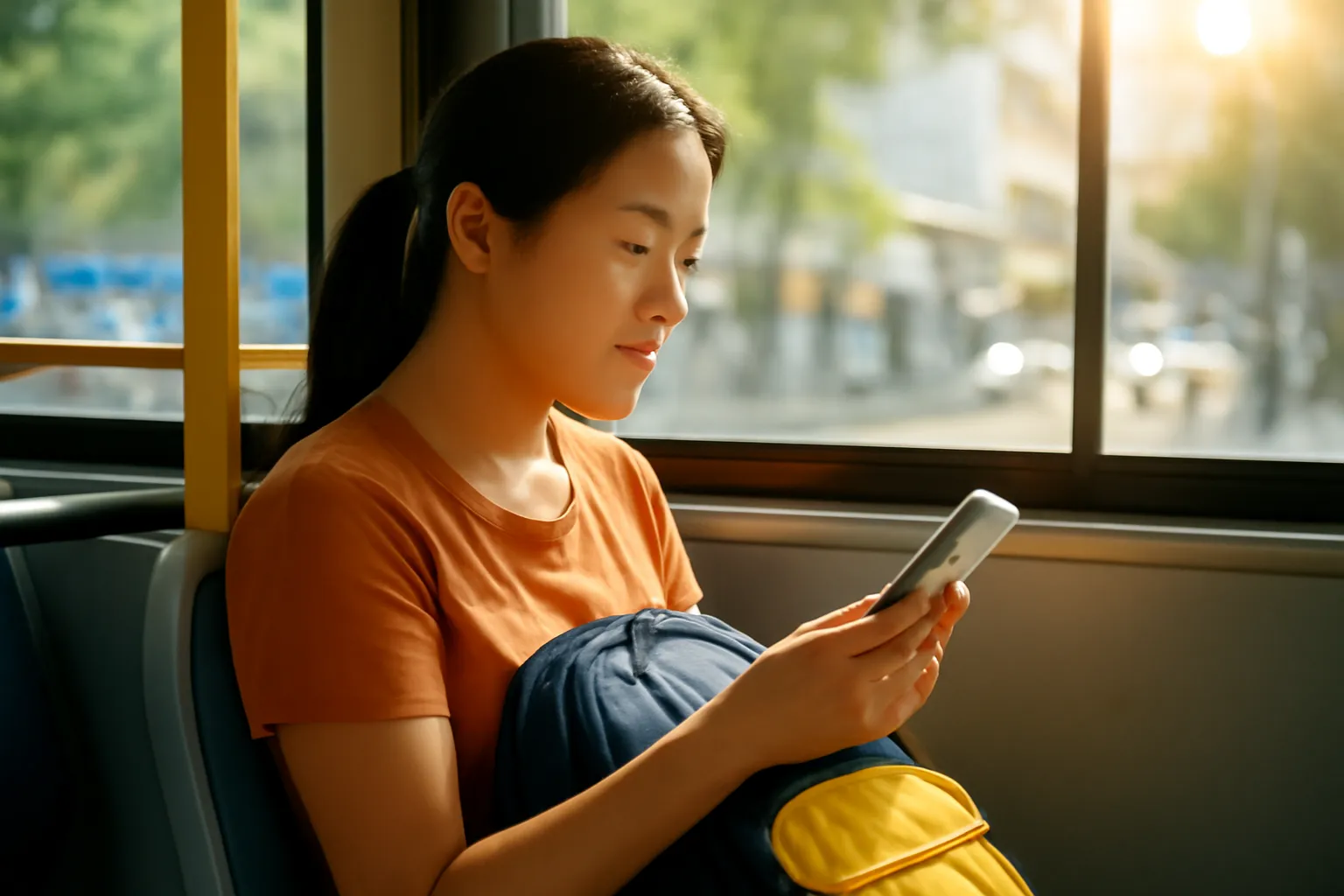 Người mẹ ngồi trên xe buýt nhìn điện thoại với màn hình để trống