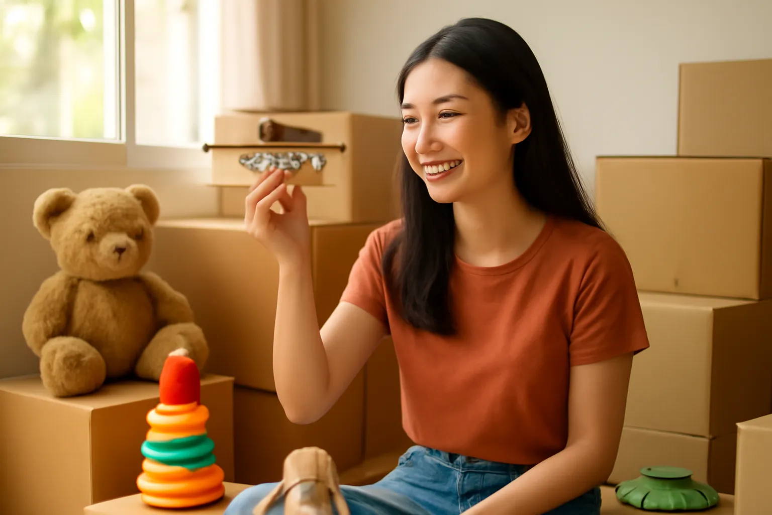 Cô gái trẻ cầm chiếc máy bay đồ chơi cũ tìm được trong thùng đồ