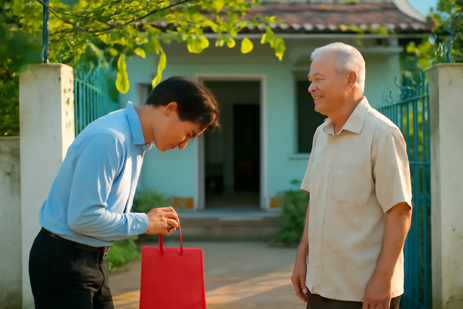 Người thanh niên cúi chào thầy giáo già trước cổng ngôi nhà nhỏ có giàn mướp