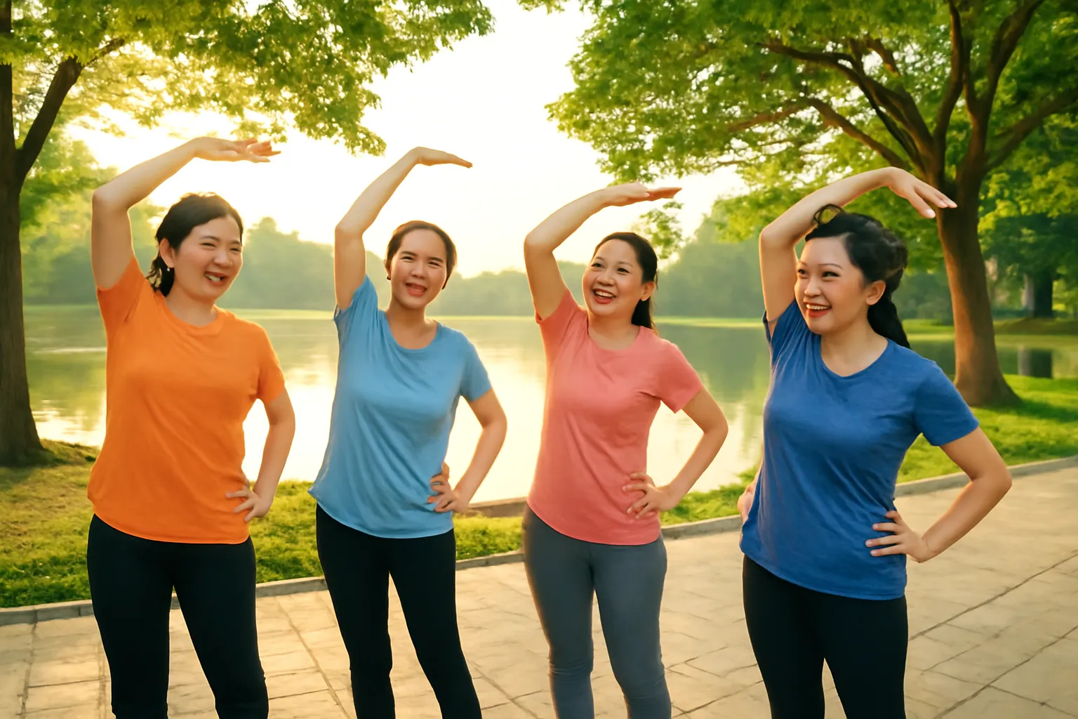 Nhóm phụ nữ trung niên cùng tập giãn cơ nhẹ nhàng bên hồ lúc bình minh