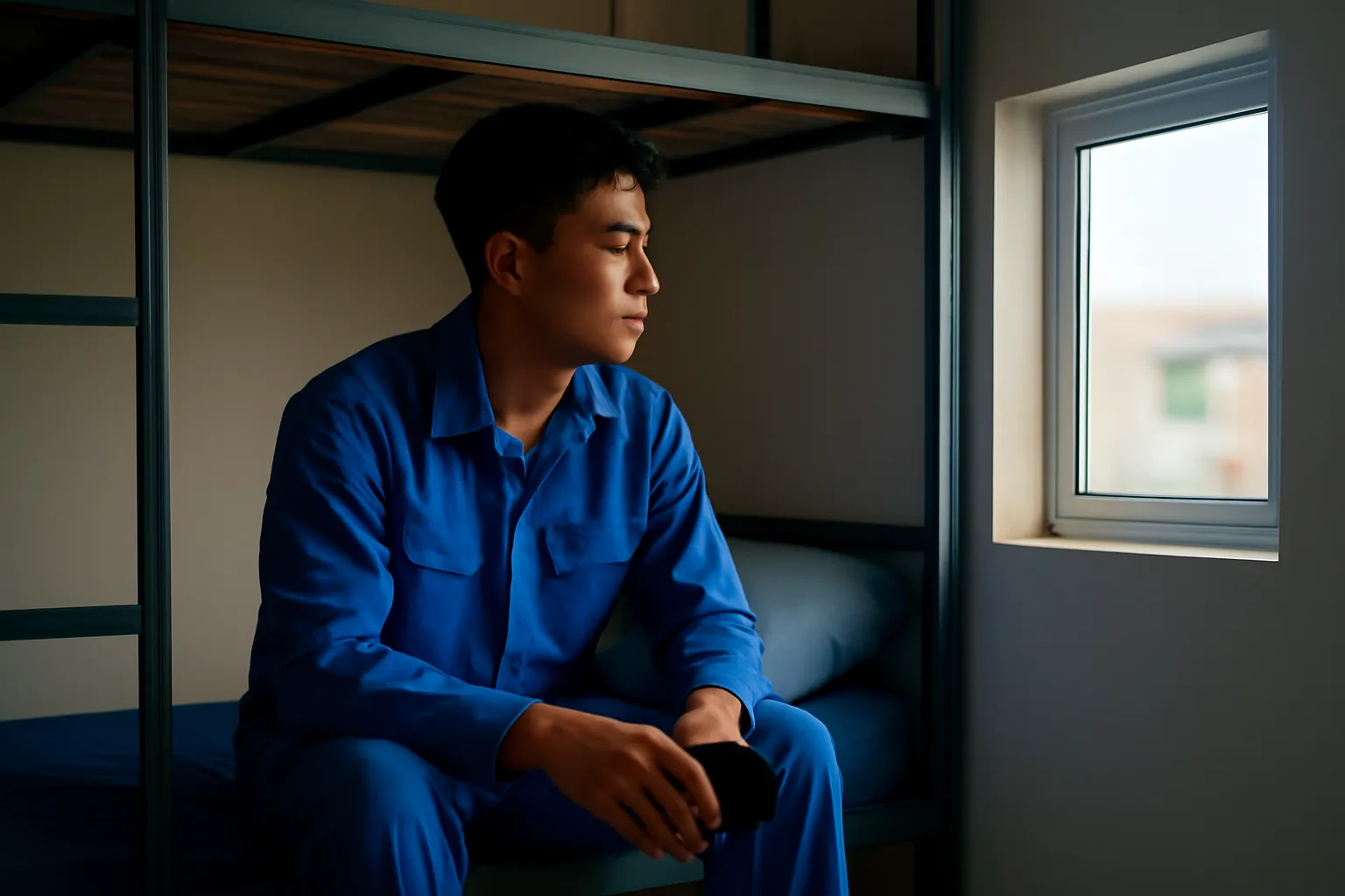 Nam công nhân trẻ ngồi trên giường tầng ký túc xá, úp điện thoại xuống