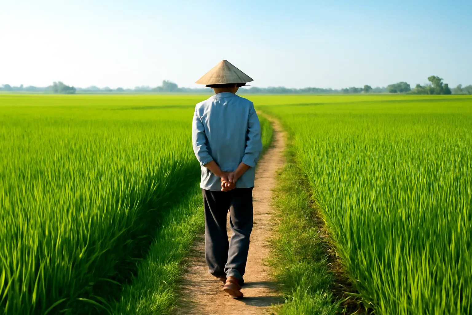 Ông cụ về hưu đi trên con đường đất giữa cánh đồng lúa xanh buổi sáng