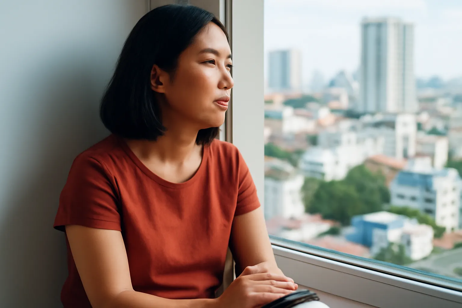 Người phụ nữ ngồi bên cửa sổ, điện thoại úp trên đùi, vẻ suy tư
