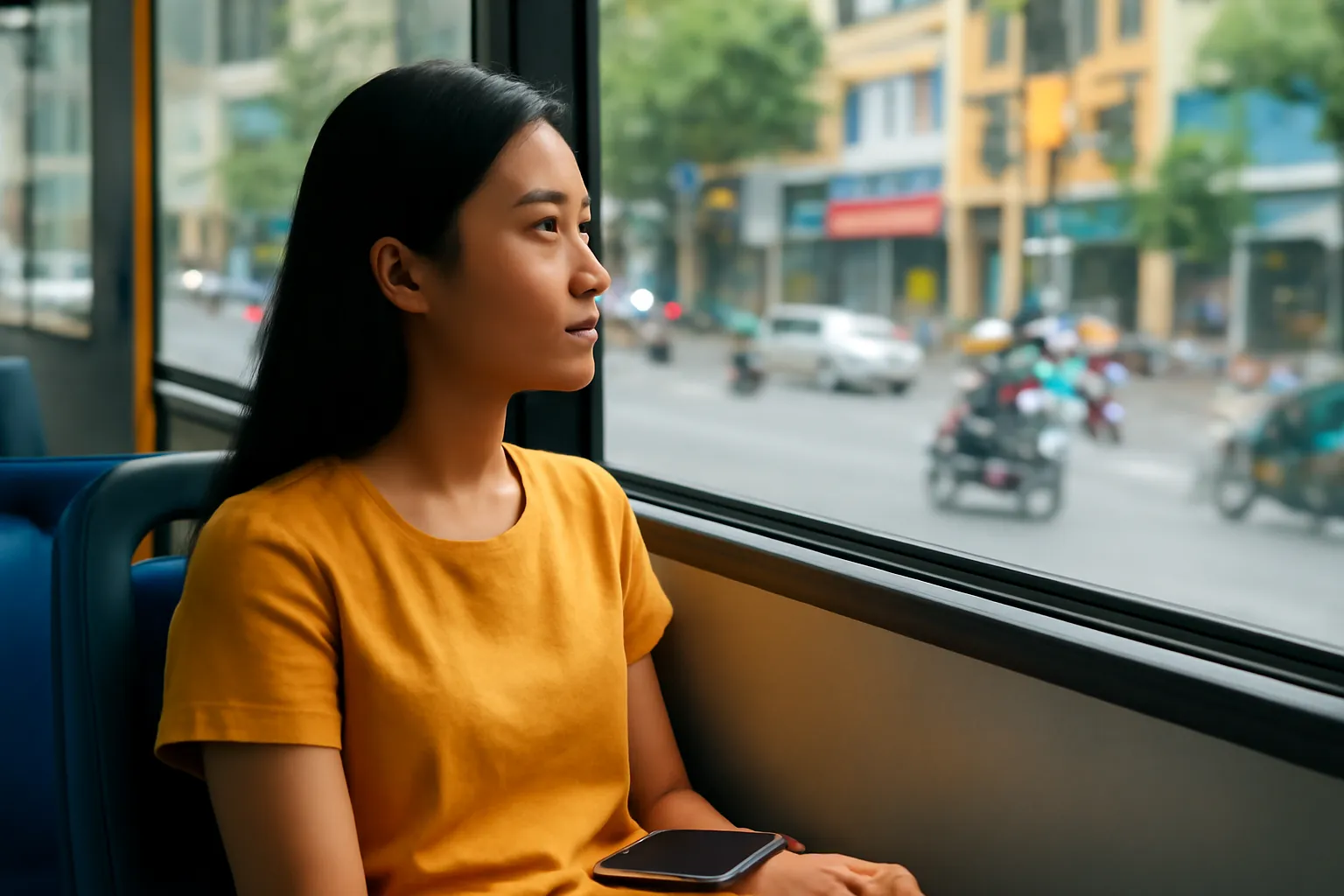Cô gái trẻ ngồi xe buýt nhìn ra cửa sổ, điện thoại úp trên đùi