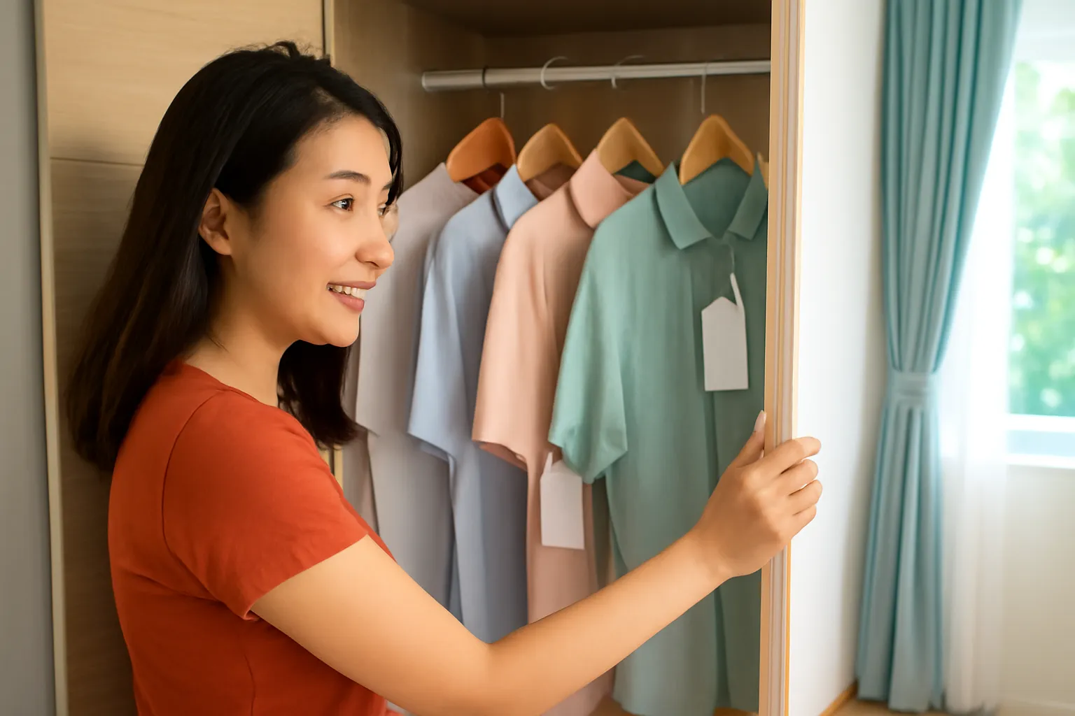 Tủ quần áo mở cửa với vài chiếc áo mới còn gắn nhãn treo trong góc