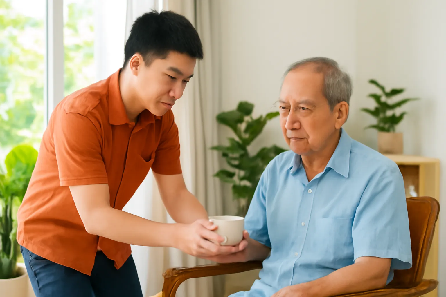 Cậu cháu trai bưng chén trà mời ông nội đang ngồi cau mày trên ghế