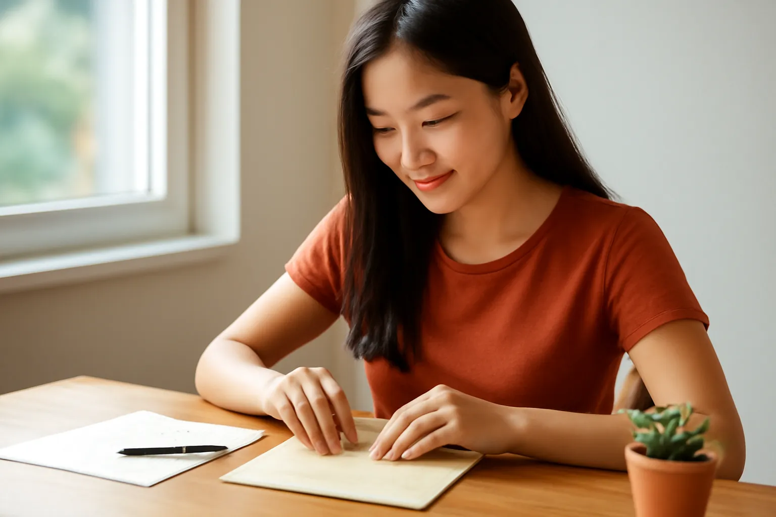 Cô gái dán phong bì ở bàn cạnh cửa sổ