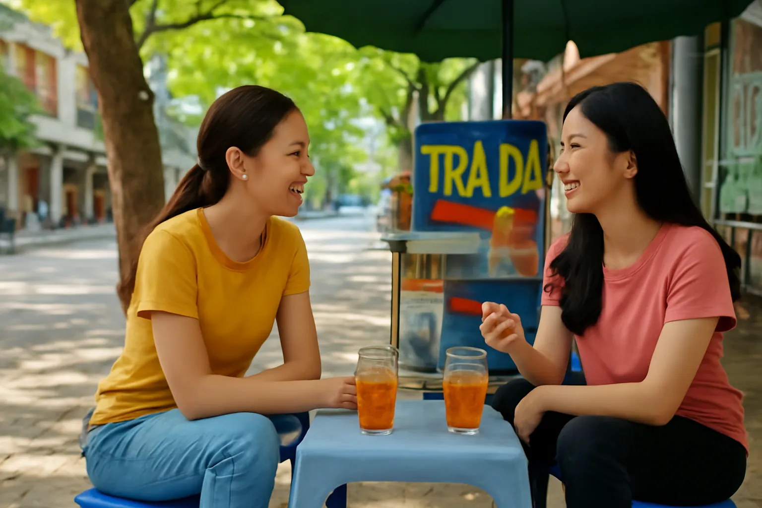 Hai bạn trẻ ngồi uống trà đá ở quán vỉa hè, trò chuyện