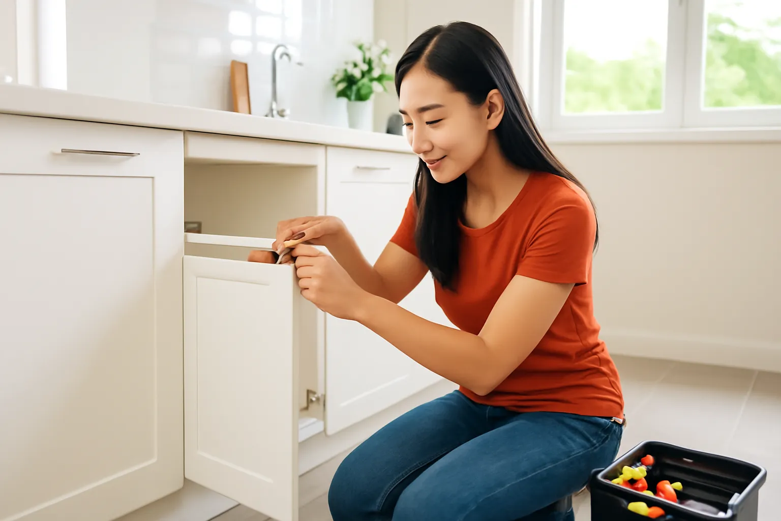 Cô gái trẻ dùng tua vít chỉnh bản lề cửa tủ bếp