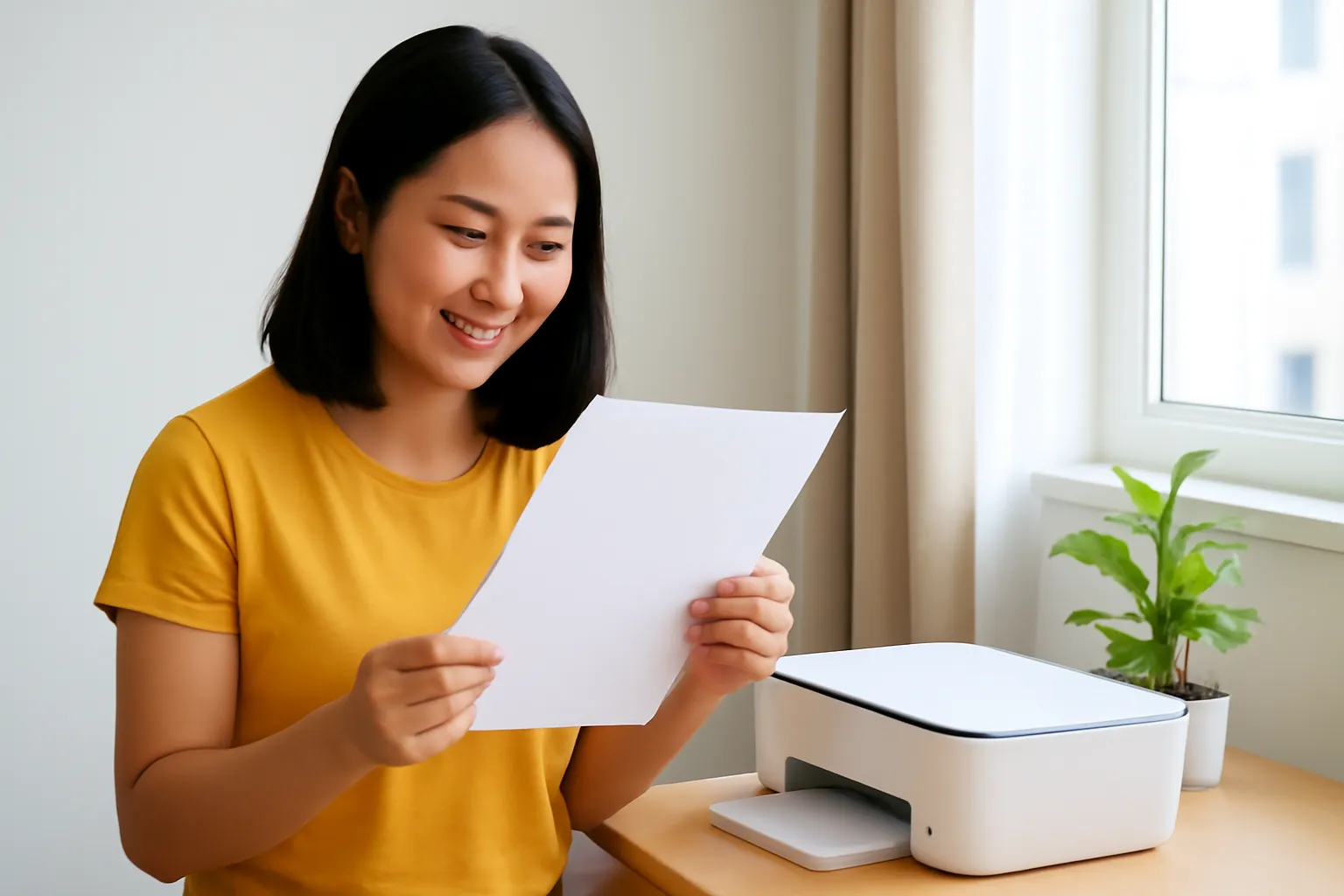 Cô gái trẻ cầm tờ giấy vừa in xong bên máy in nhỏ ở bàn làm việc trong căn hộ