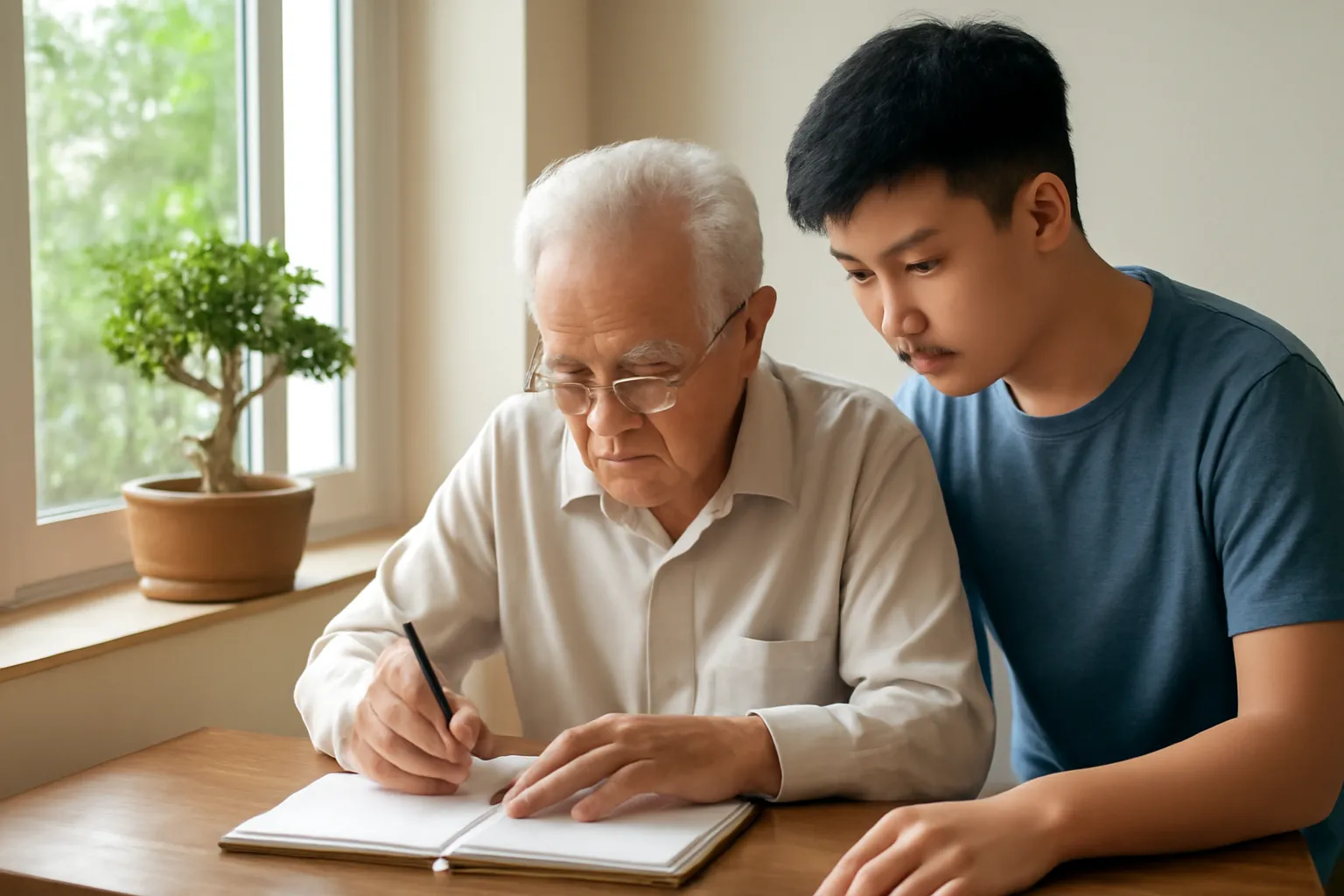 Ông cụ ngồi viết ở bàn gỗ, cháu trai đứng bên cạnh nhìn