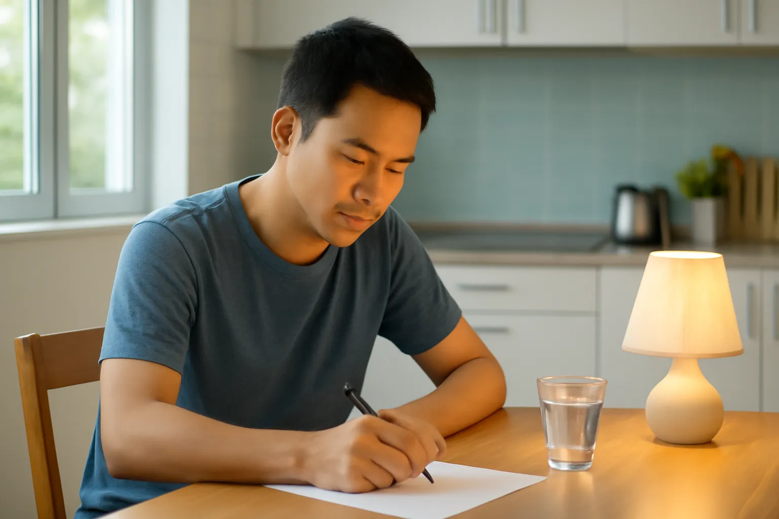 Người đàn ông ngồi bàn bếp tối muộn viết lên tờ giấy