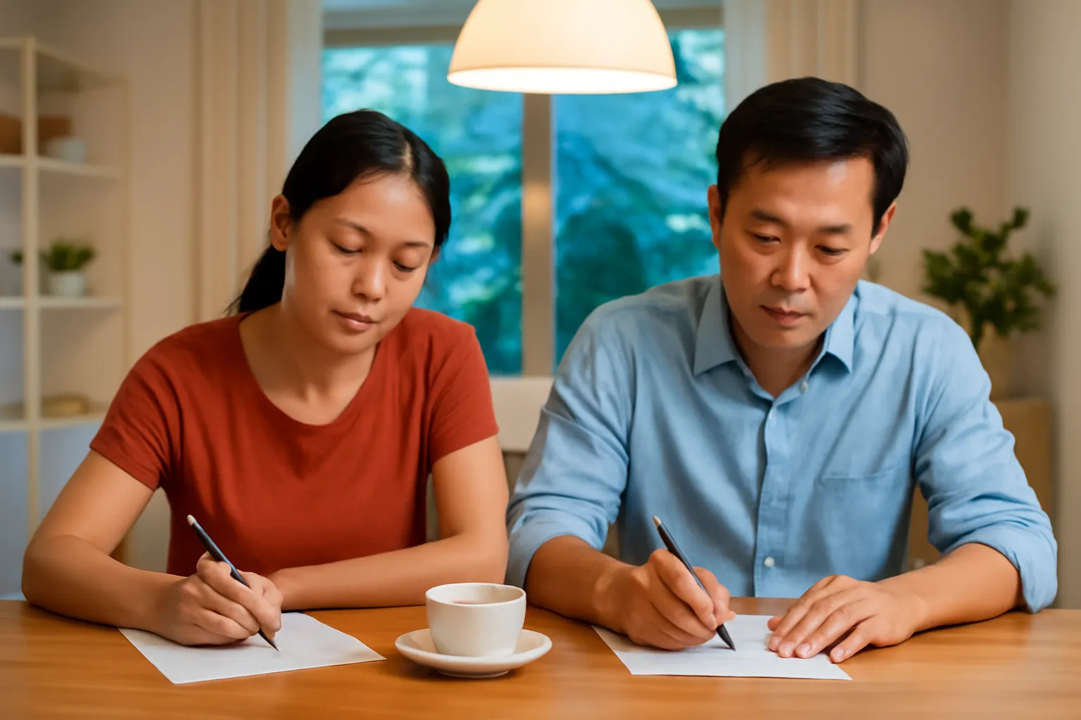Đôi vợ chồng ngồi bàn ăn buổi tối viết lên những tờ giấy