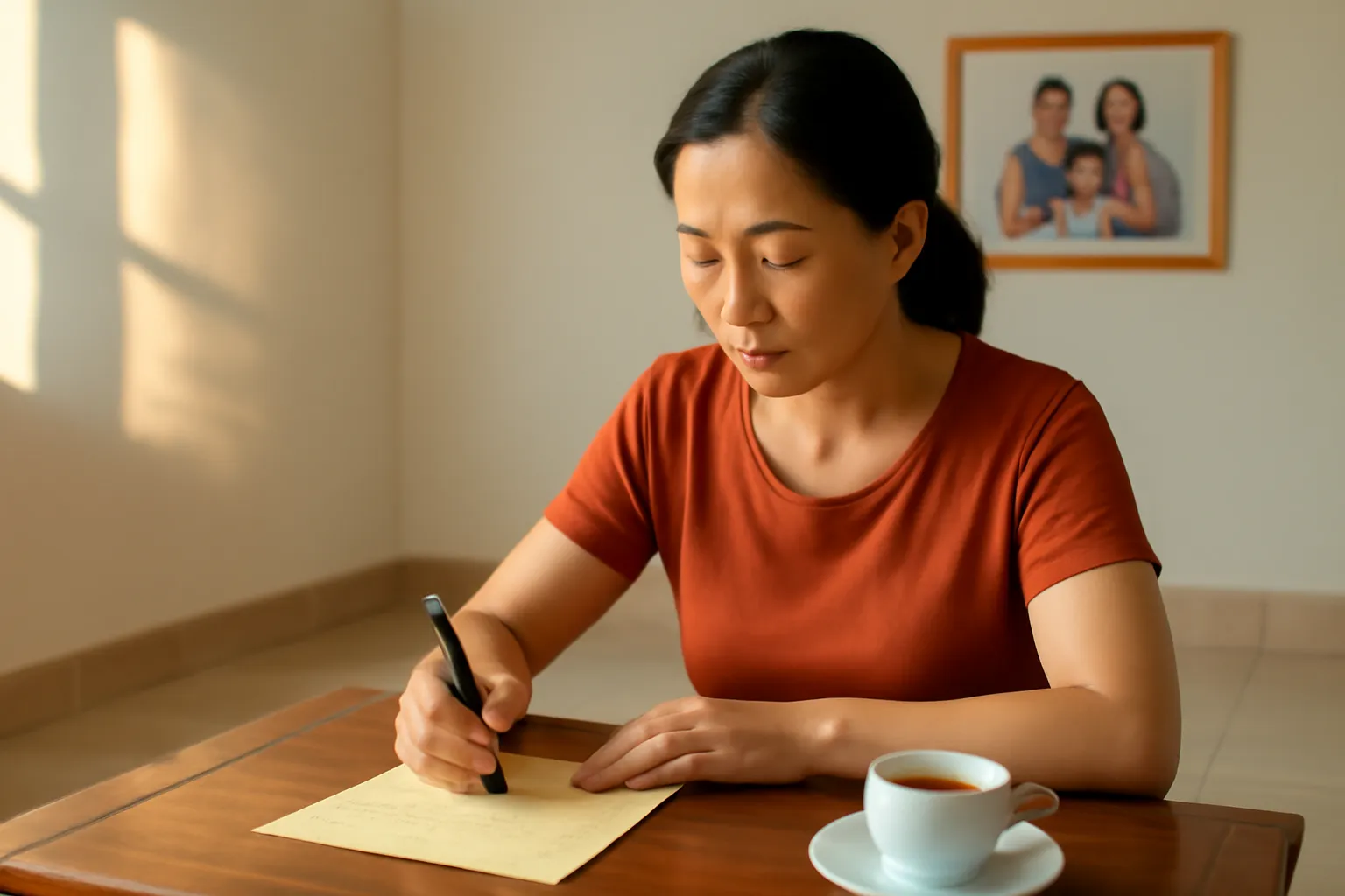 Người phụ nữ ngồi bàn thấp viết thư, cốc trà nguội bên cạnh