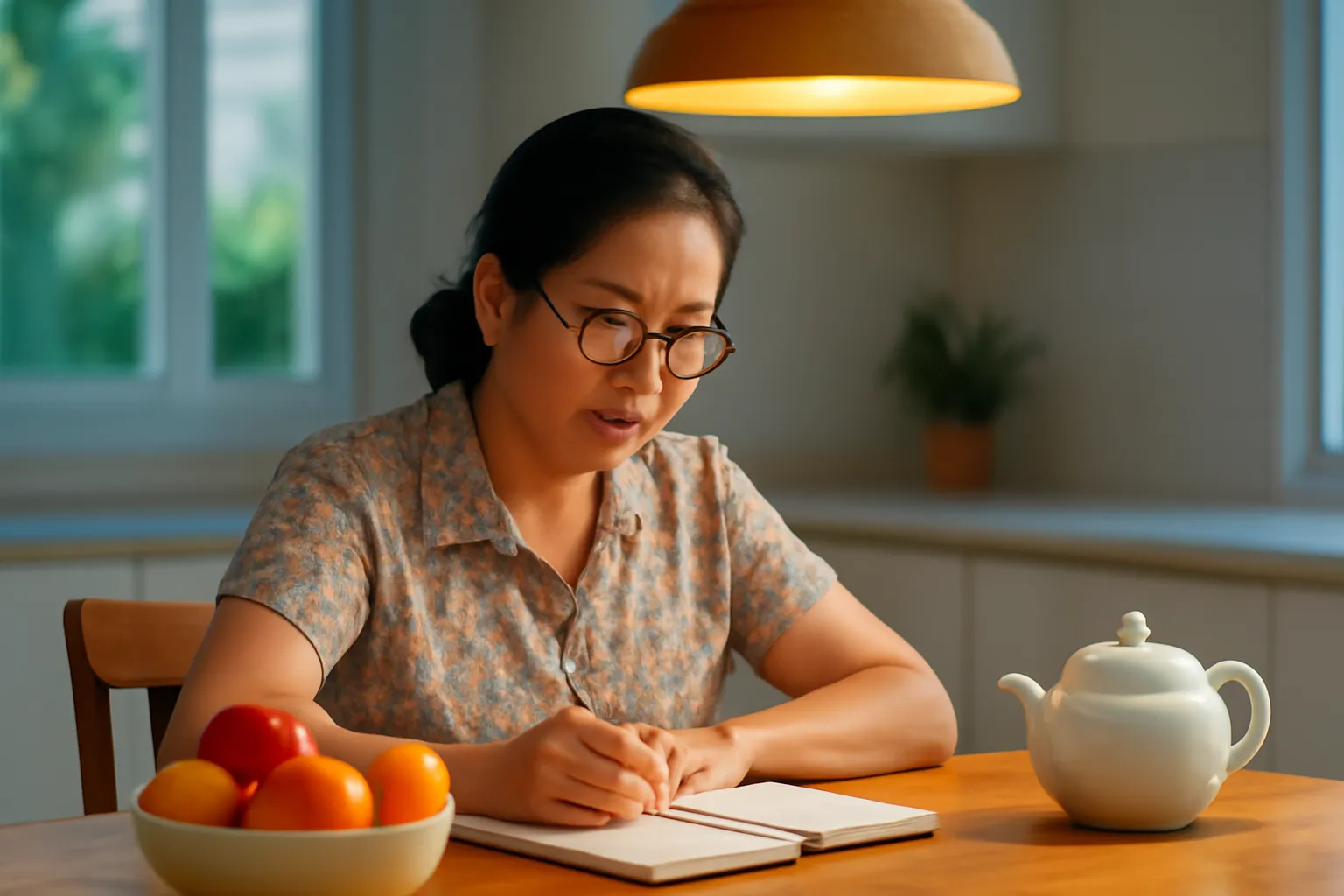 Người phụ nữ trung niên ngồi viết ở bàn ăn lúc tối muộn