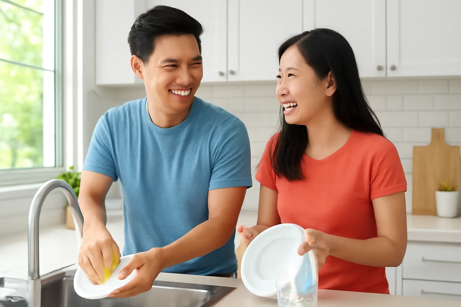 Người chồng trẻ rửa bát, người vợ lau khô bên cạnh, cả hai cười nói trong bếp sáng