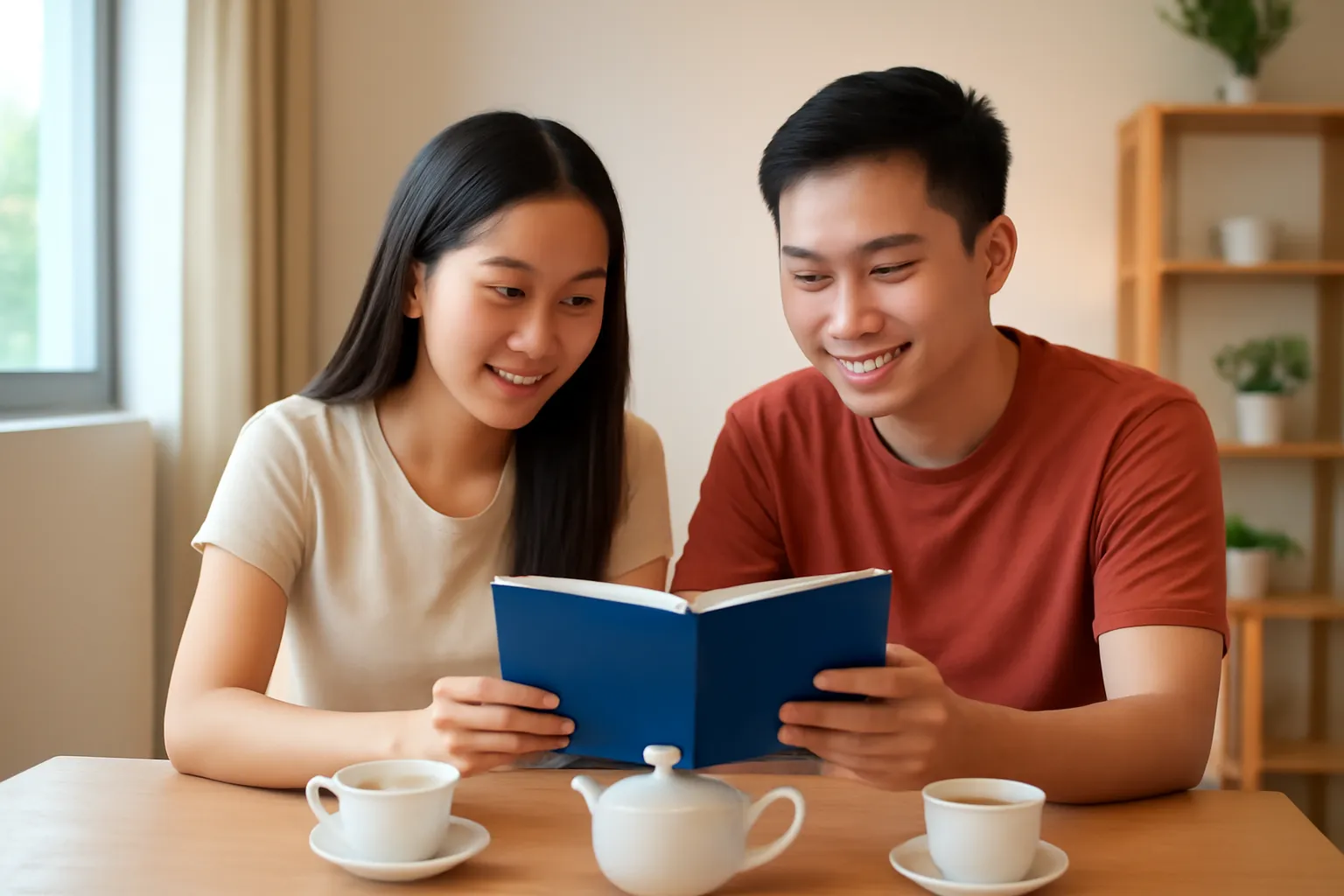 Đôi vợ chồng trẻ ngồi bên bàn ăn tối, cùng nhìn một cuốn sổ, nét mặt nhẹ nhàng