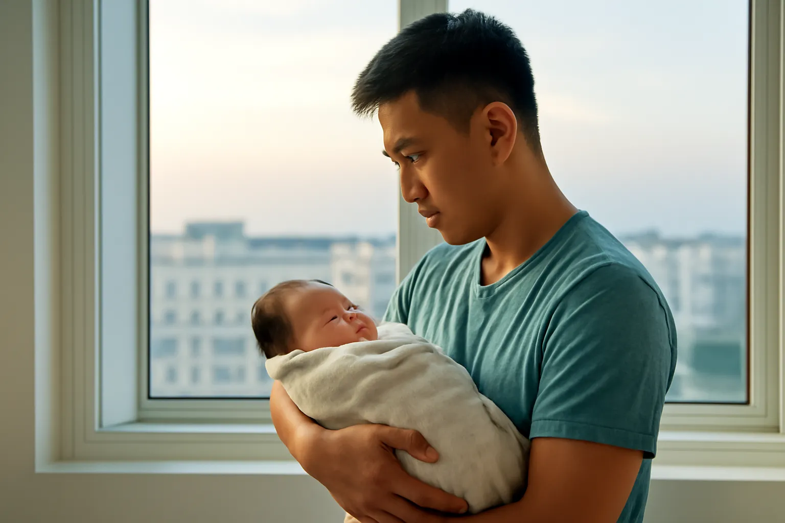 Người bố trẻ bế con sơ sinh đung đưa bên cửa sổ lúc rạng sáng