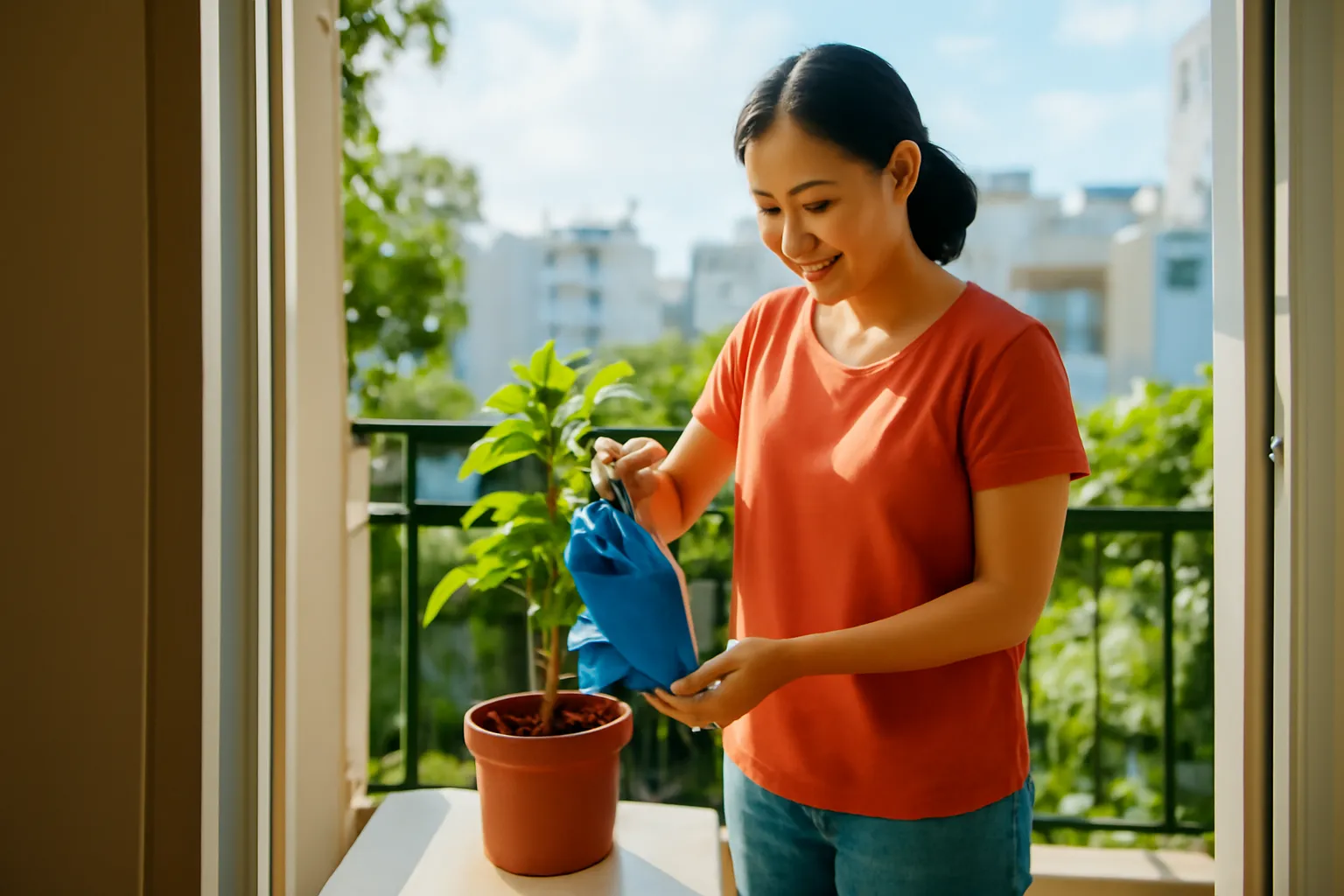 Người phụ nữ tưới chậu cây nhỏ ngoài ban công chung cư buổi sáng
